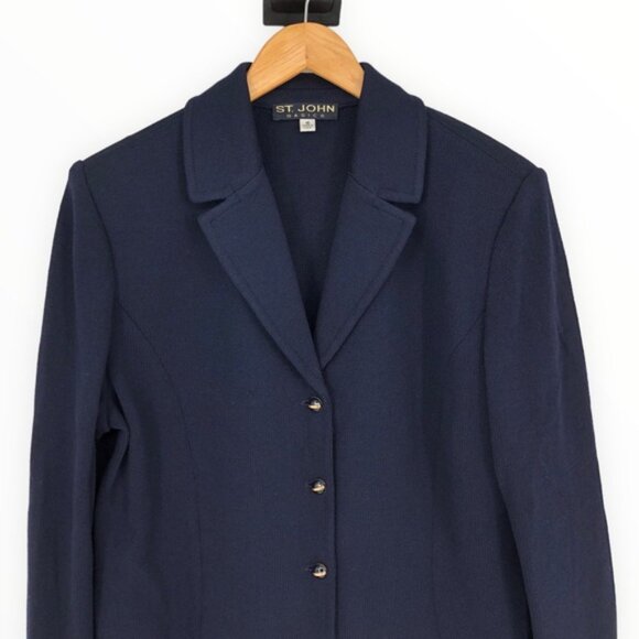 St. John Basics Navy Logo Button Santana Knit Blazer Long Sleeve size 16 - Picture 2 of 11